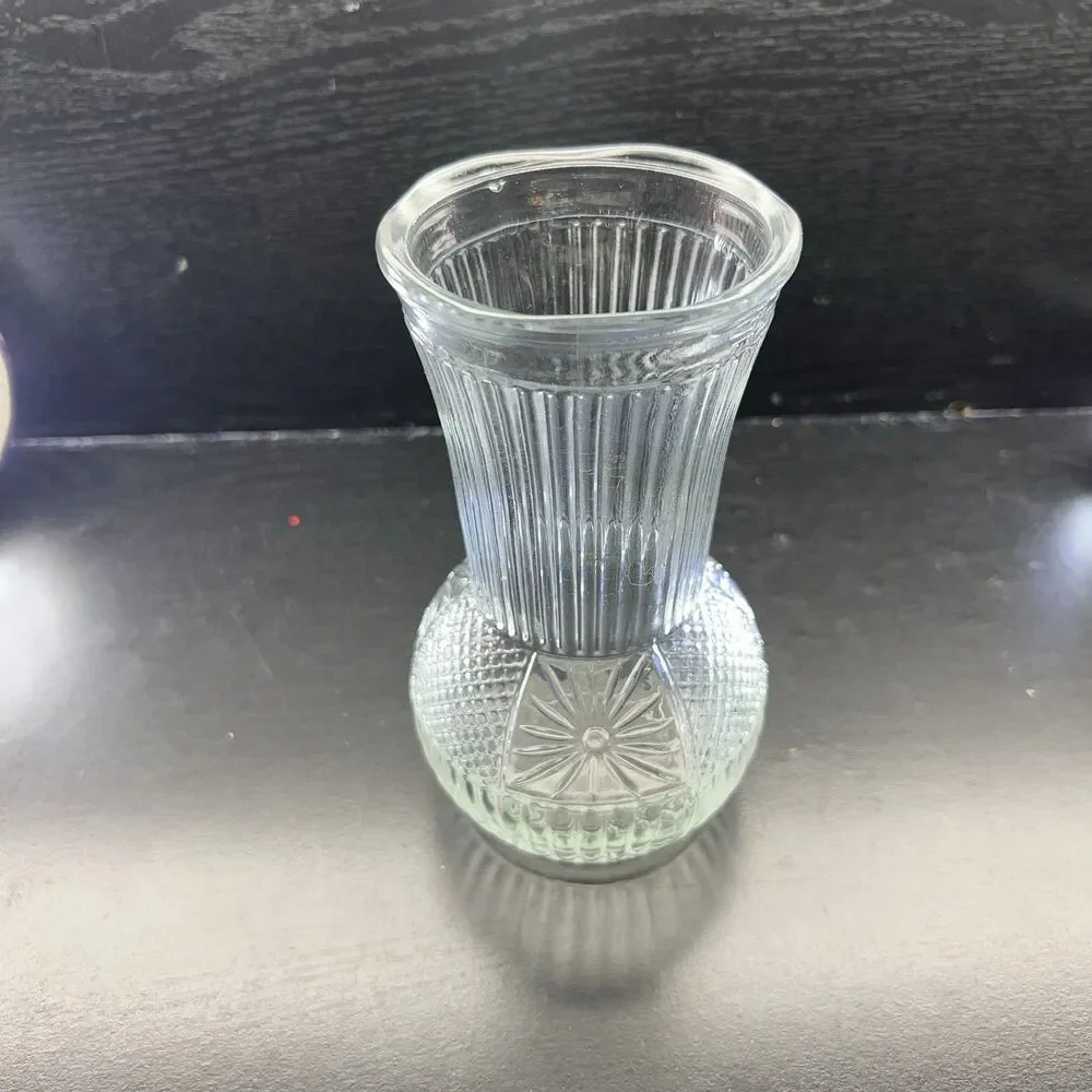Vintage Clear Pressed Glass 6.5”Flower Vase- Ribbed & Starburst Diamond Design